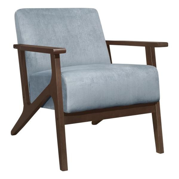 August Accent Chair with Solid Rubberwood Frame and Blue Gray Velvet Fabric - Dark Walnut Finish Frame 