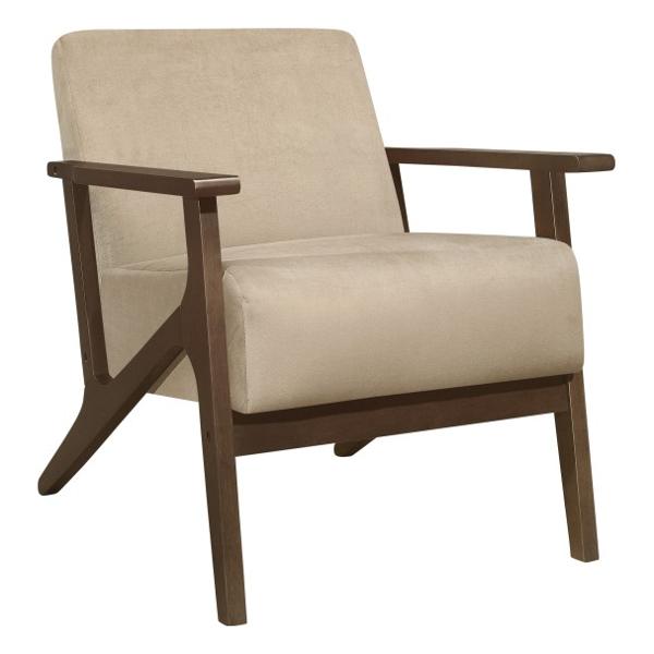 August Accent Chair with Solid Rubberwood Frame and Light Brown Velvet Fabric - Dark Walnut Finish Frame 