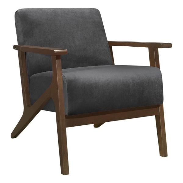 August Accent Chair with Solid Rubberwood Frame and Dark Gray Velvet Fabric - Dark Walnut Finish Frame 