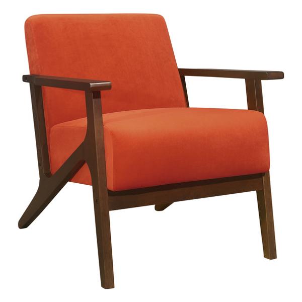 August Accent Chair with Solid Rubberwood Frame and Orange Velvet Fabric - Dark Walnut Finish Frame 