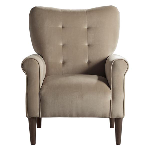 Kyrie Accent Chair with Solid Wood Frame - Brown Velvet Fabric Upholstery - Dark Brown Finish Legs 