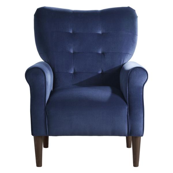 Kyrie Accent Chair with Solid Wood Frame - Tufted Back - Blue Velvet Fabric Upholstery and Dark Brown Finish Legs 