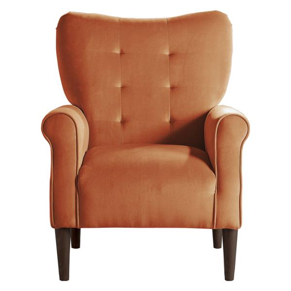 Kyrie Accent Chair with Solid Wood Frame - Orange Velvet Fabric - Tufted Back and Dark Brown Finish Legs 