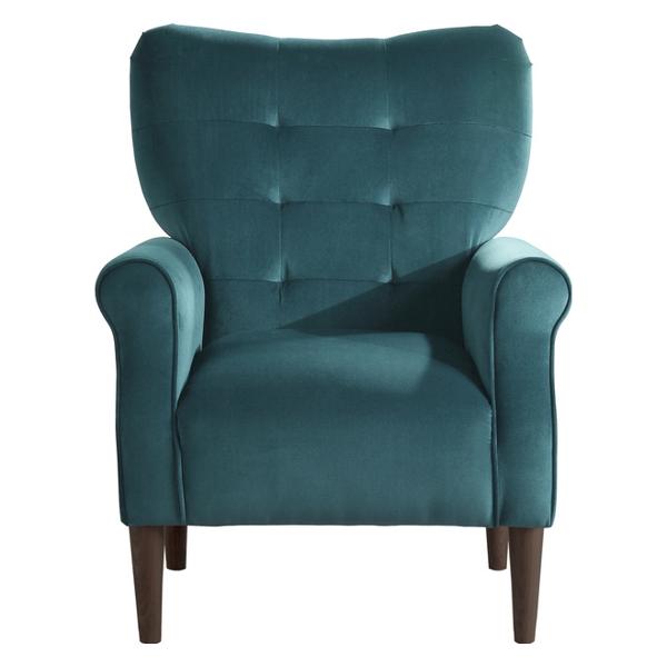 Kyrie Accent Chair with Solid Wood Frame - Tufted Back - Teal Velvet Fabric Upholstery and Dark Brown Finish Legs 