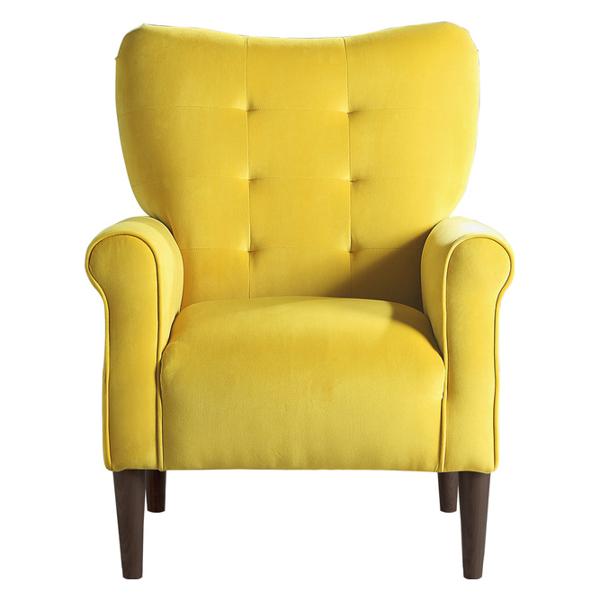 Kyrie Accent Chair with Solid Wood Frame - Yellow Velvet Fabric - Dark Brown Finish Legs 