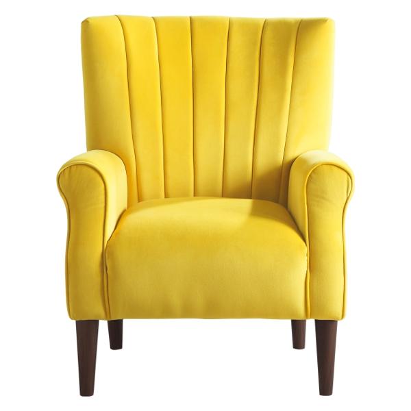 Urielle Accent Chair with Solid Wood Frame - Yellow Velvet Fabric and Dark Brown Finish Legs 