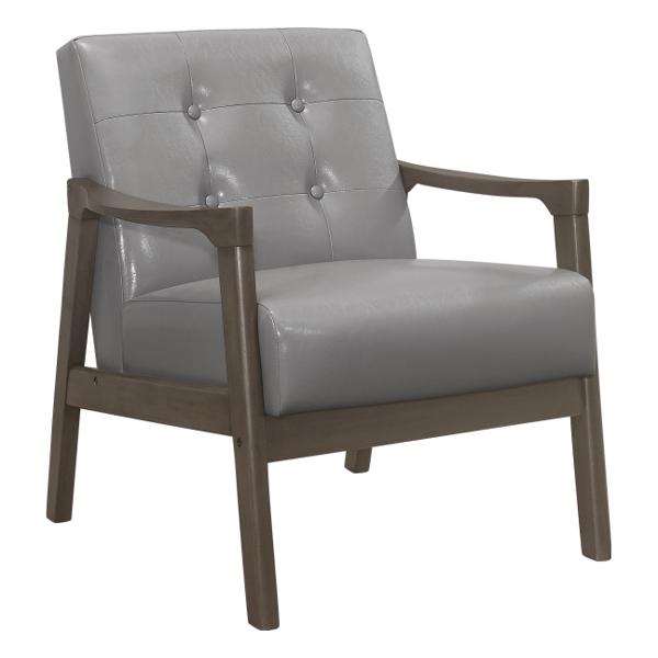 Alby Accent Chair with Solid Rubberwood Frame - Gray Faux Leather Upholstery - Button Tufted Back and Light Gray Finish Frame 