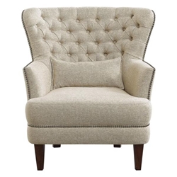 Marriana Accent Chair with Textured Beige Fabric - Button-Tufted Back - Brown Finish Wood Legs 