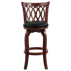 Swivel Pub Chair with Dark Cherry Solid Wood Frame - Padded Back - Black Faux Leather Upholstery and Dark Cherry Finish Legs 