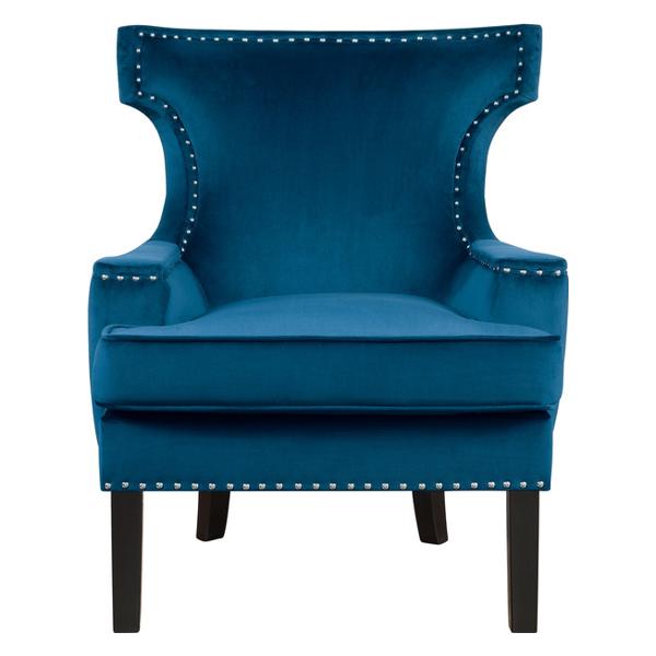 Lapis Accent Chair with Solid Wood Frame - Blue Velvet Fabric - Nailhead Trim - Black Finish Legs 