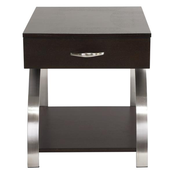 Tioga End Table with 2-Tone Espresso Finish Top and Brushed Chrome Finish Legs - Oak Veneer and Stainless Steel 