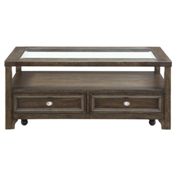 Auburn Cocktail Table with Glass Top - 2 Dovetail Drawers - Casters - Charcoal Brown Finish Frame 