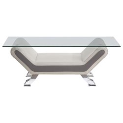 Veloce Cocktail Table with Glass Top - Faux Leather Upholstered Base and Chrome Legs with Chrome Finish - Beige 