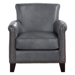 Braintree Burnish-Gray Accent Chair with Solid Wood Frame - 100% Top Grain Leather - Espresso Finish Legs 