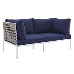 Harmony Sunbrella® Basket Weave Outdoor Patio Aluminum Loveseat - Tan Navy 