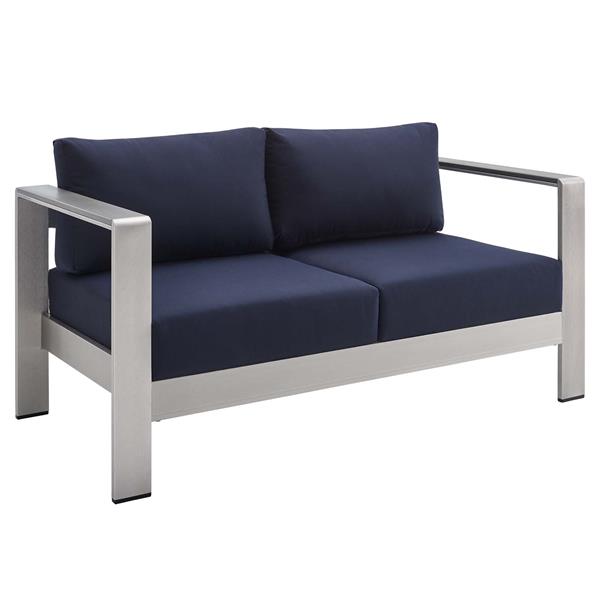 Shore Sunbrella® Fabric Aluminum Outdoor Patio Loveseat - Silver Navy 