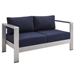 Shore Sunbrella® Fabric Aluminum Outdoor Patio Loveseat - Silver Navy - MOD12963