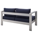 Shore Sunbrella® Fabric Aluminum Outdoor Patio Loveseat - Silver Navy - MOD12963