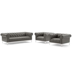 Idyll Tufted Upholstered Leather 3 Piece Set A - Gray 