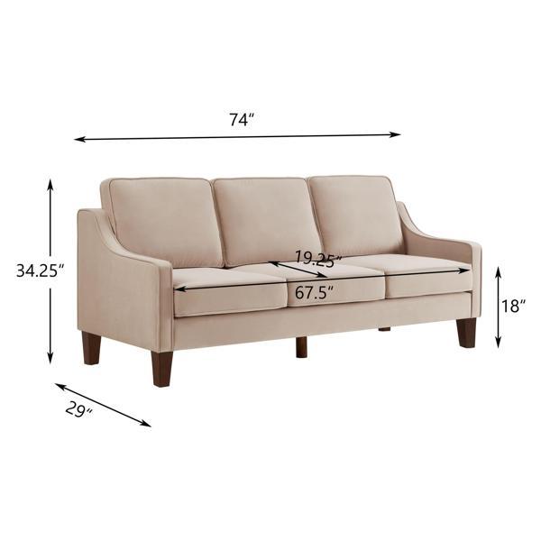 Willowbrook 74" 3 Seater Sofa - Taupe Velvet Fabric Upholstery - Solid Wooden Frame and Legs - CAB1296