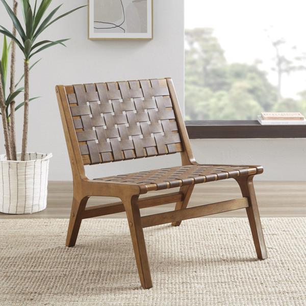 Pascale Armless Accent Chair - Brown Faux Leather - Pecan Finish Frame and Legs - CAB1726