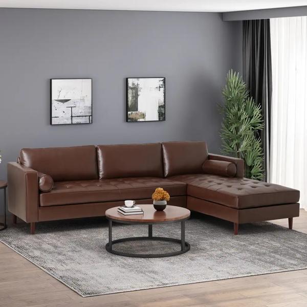 Spokane 109 Sectional Sofa Bed with Chaise Lounge - Light Brown Polyurethane - Birch Wood Legs - CAB2086