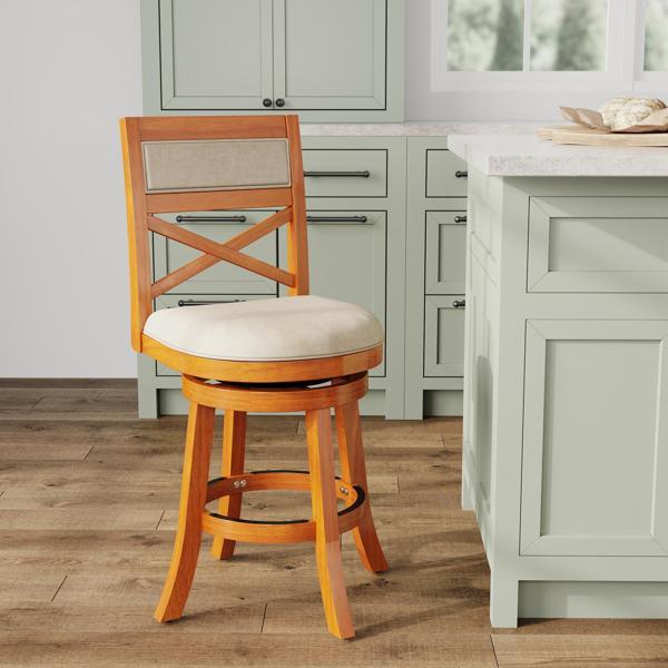 Vynaria 24" Counter Height X-Back Swivel Stool - Natural Finish - Beige Fabric Seat - CAB2286