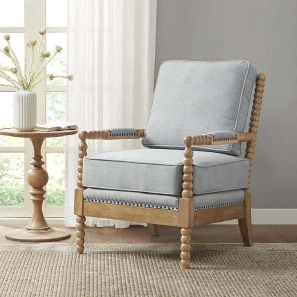 Nelsen Accent Arm Chair - Dusty Blue - Camel Oak Wood Finish - CAB3708