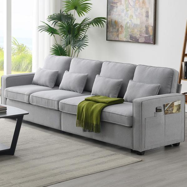 Floravia 104" 4-Seater Sofa with Armrest Pockets and 4 Pillows - Light Grey Linen-like Fabric - CAB3757