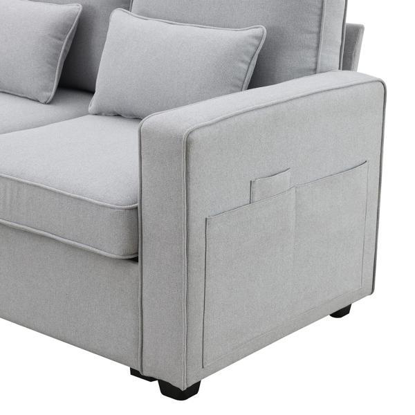 Floravia 104" 4-Seater Sofa with Armrest Pockets and 4 Pillows - Light Grey Linen-like Fabric - CAB3757