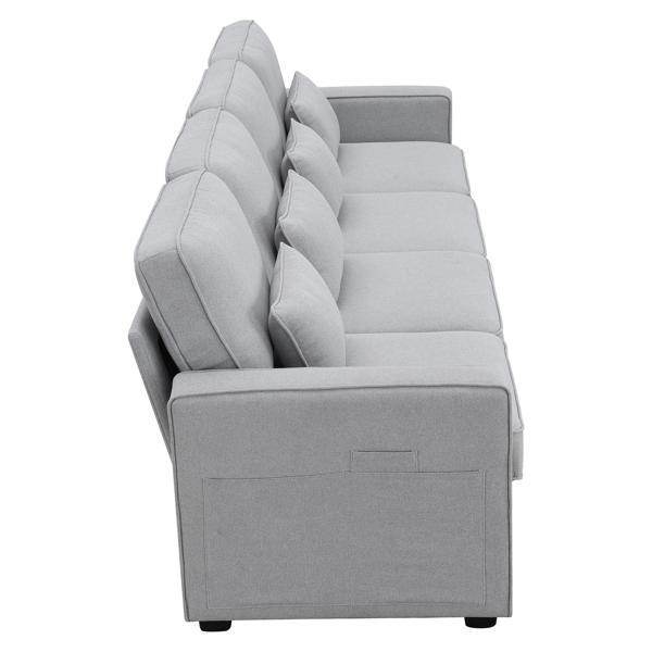 Floravia 104" 4-Seater Sofa with Armrest Pockets and 4 Pillows - Light Grey Linen-like Fabric - CAB3757