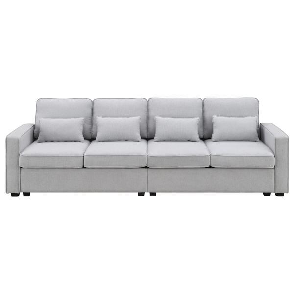 Floravia 104" 4-Seater Sofa with Armrest Pockets and 4 Pillows - Light Grey Linen-like Fabric - CAB3757