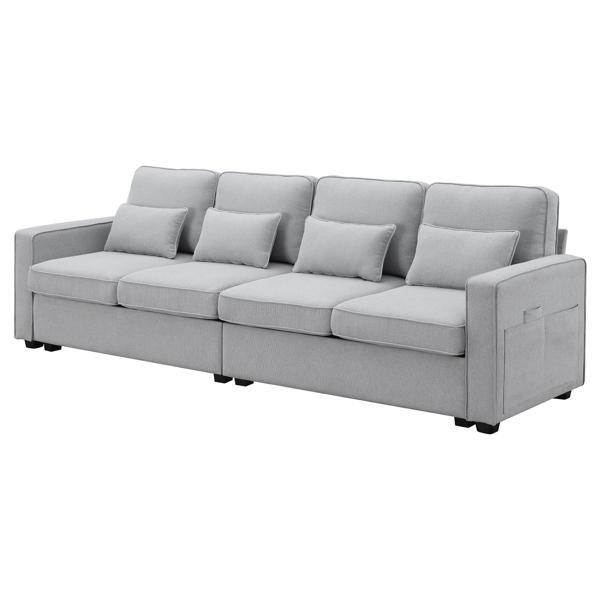 Floravia 104" 4-Seater Sofa with Armrest Pockets and 4 Pillows - Light Grey Linen-like Fabric - CAB3757