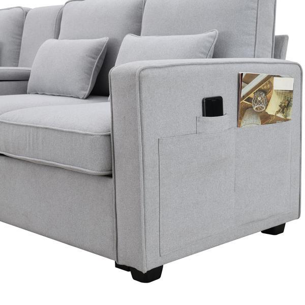 Floravia 104" 4-Seater Sofa with Armrest Pockets and 4 Pillows - Light Grey Linen-like Fabric - CAB3757