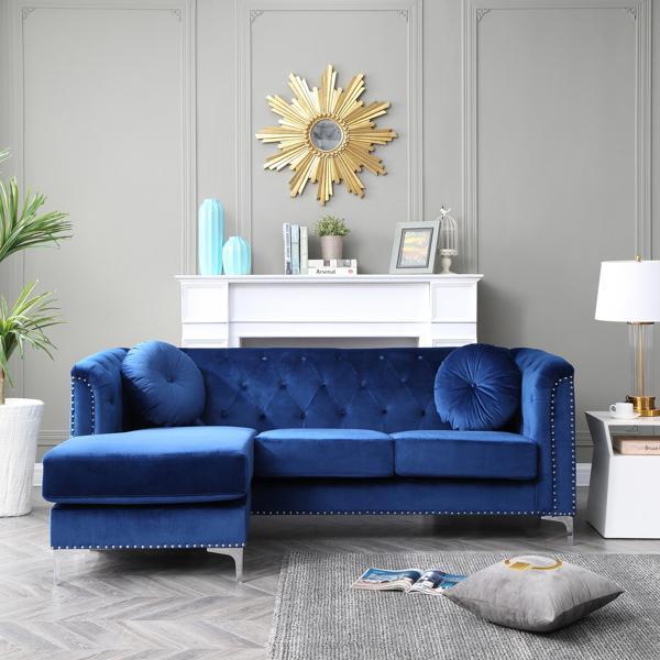 Quixotic 83" Pompano Sectional Sofa Chaise - Navy Blue Velvet - Chromed Steel Legs - CAB4363