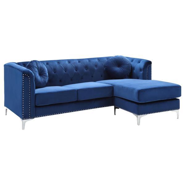 Quixotic 83" Pompano Sectional Sofa Chaise - Navy Blue Velvet - Chromed Steel Legs - CAB4363