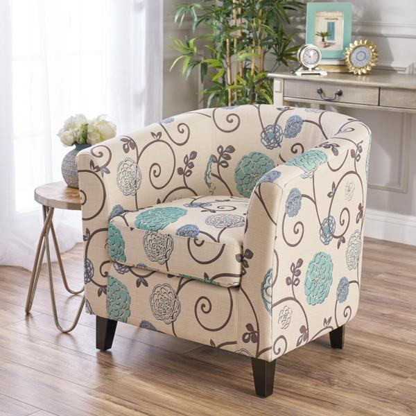 Stellora Club Chair - White and Blue Fabric - Birch Wood Legs - CAB4442