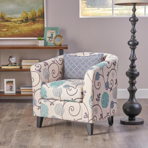 Stellora Club Chair - White and Blue Fabric - Birch Wood Legs - CAB4442