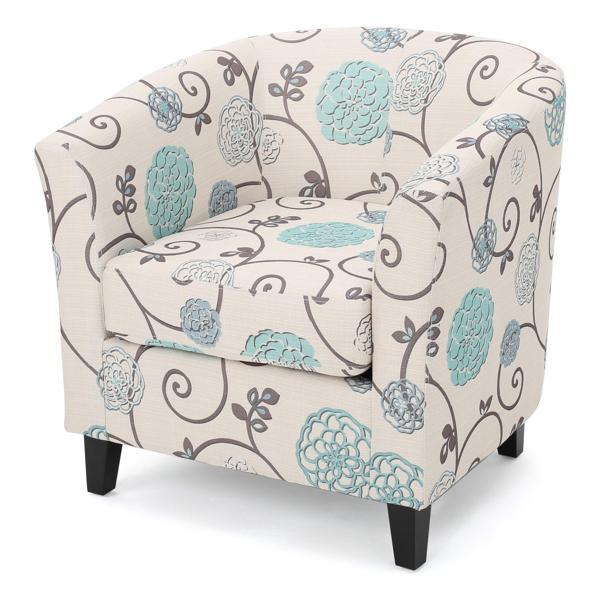 Stellora Club Chair - White and Blue Fabric - Birch Wood Legs - CAB4442