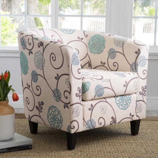 Stellora Club Chair - White and Blue Fabric - Birch Wood Legs - CAB4442