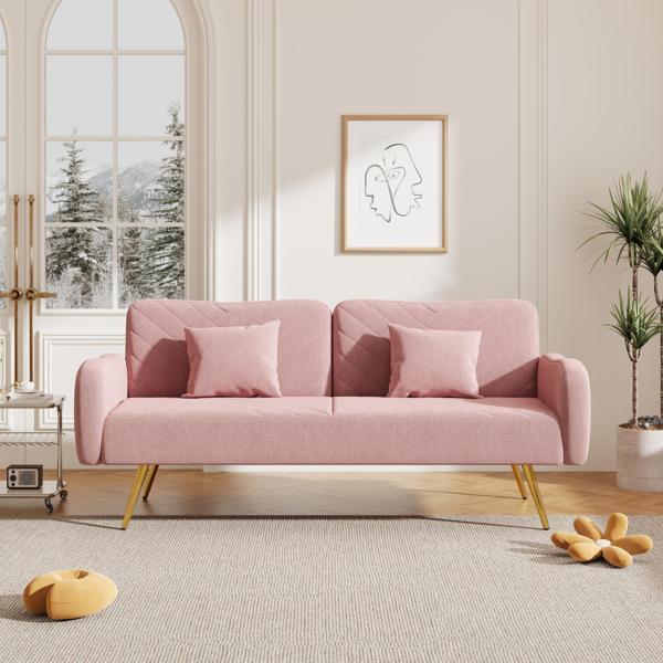 Floriel 70" Loveseat with Split Backrest and Two Throw Pillows - Pink Fabric - Metal Legs - CAB4456