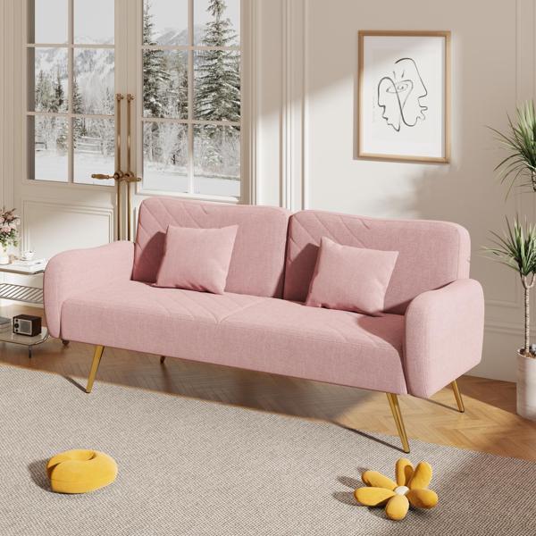 Floriel 70" Loveseat with Split Backrest and Two Throw Pillows - Pink Fabric - Metal Legs - CAB4456