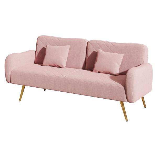 Floriel 70" Loveseat with Split Backrest and Two Throw Pillows - Pink Fabric - Metal Legs - CAB4456