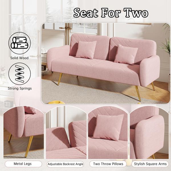 Floriel 70" Loveseat with Split Backrest and Two Throw Pillows - Pink Fabric - Metal Legs - CAB4456