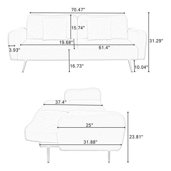 Floriel 70" Loveseat with Split Backrest and Two Throw Pillows - Pink Fabric - Metal Legs - CAB4456