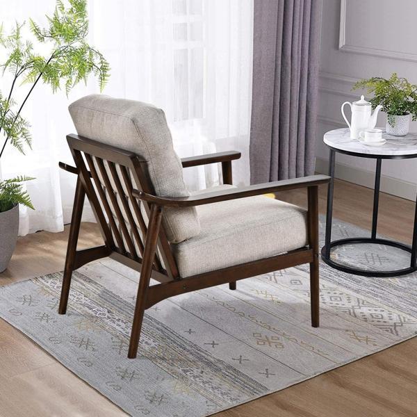 Gudrun Accent Chair Mid-Century Modern Chair - Taupe Linen Fabric - Solid Wood Frame - CAB4469