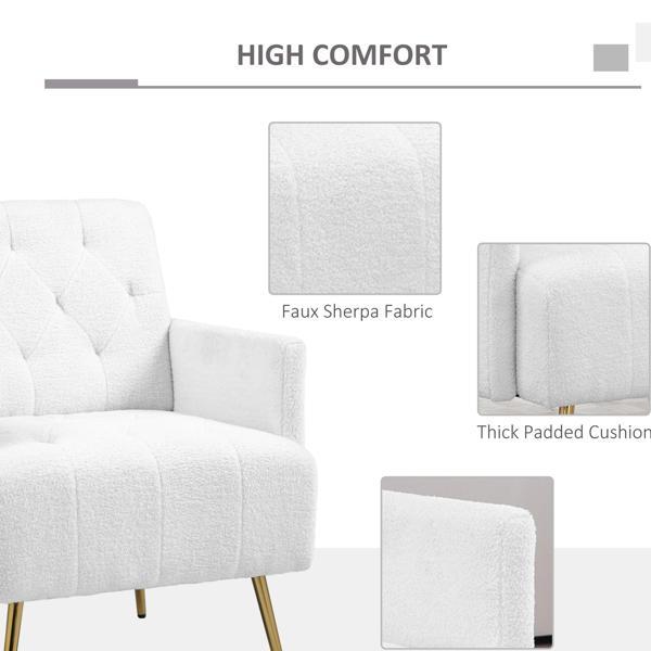 Kalanthor Modern Sherpa Accent Chair with Tufted Pattern and Steel Legs - White - CAB4507