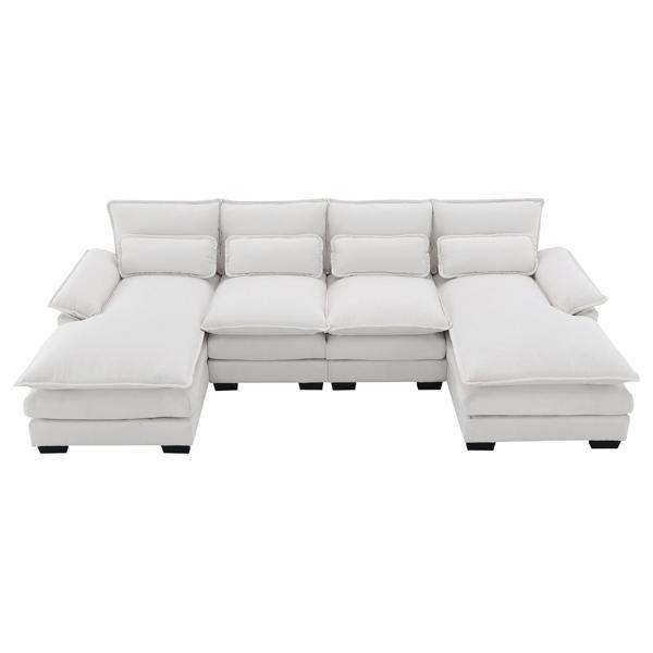 Aetheron 109 Sectional Sofa with Waist Pillows - 6 Seater - White Chenille - Solid Wood Frame and Legs