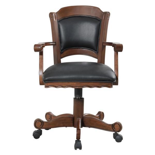 Turk Upholstered Swivel Dining and Game Chair - Tobacco Finish Frame - Black Leatherette Seat Cover 